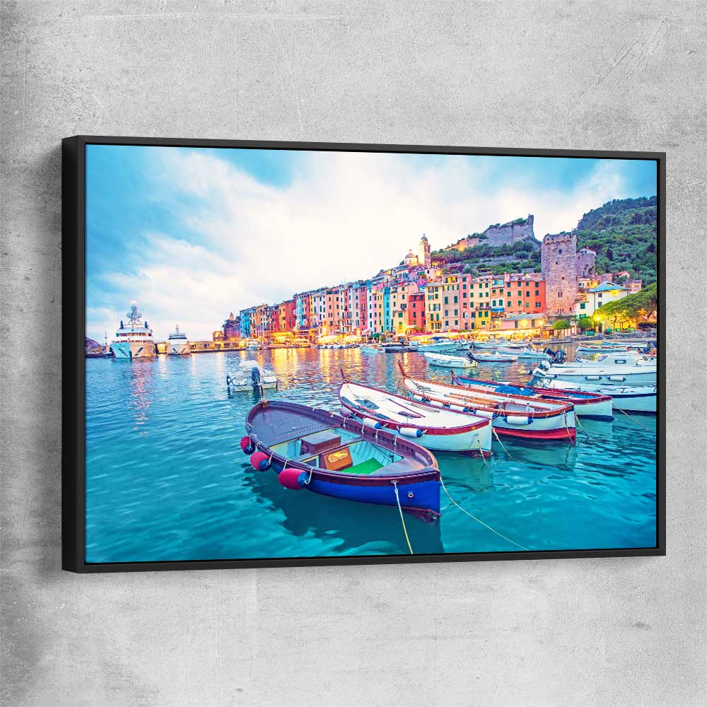 Beach and coastal wall art print of Porto Venere with black framed canvas
