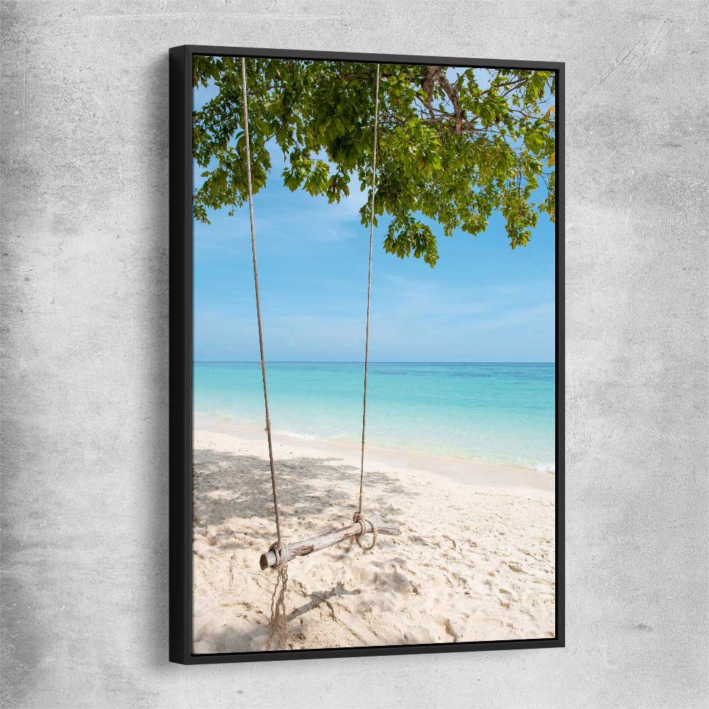 Beach and coastal wall art print of Pristine Beach Swing with black framed canvas