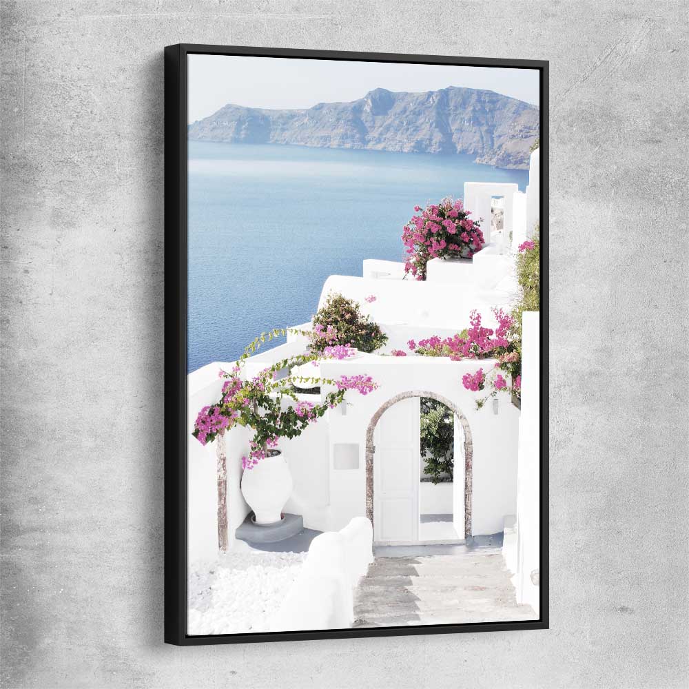 Beach and coastal wall art print of Santorini Island with black framed canvas