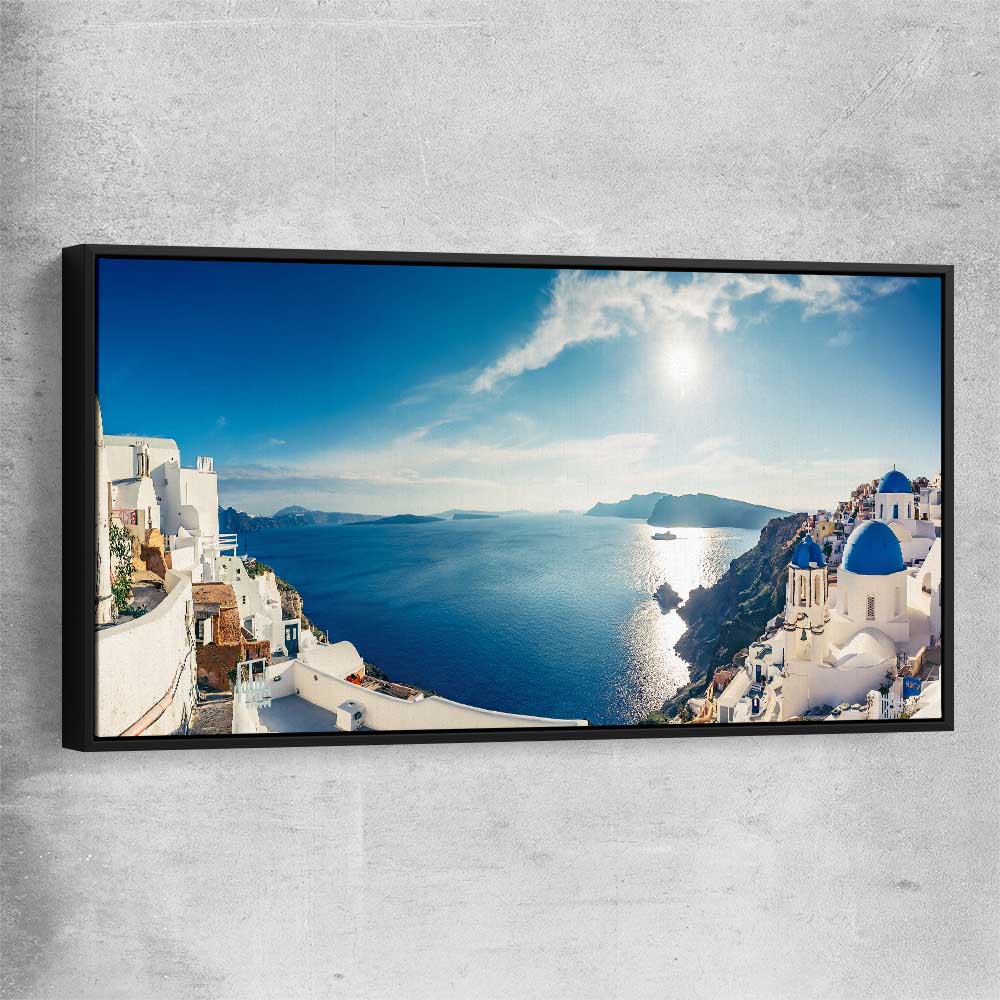 Beach and coastal wall art print of Santorini Panorama with black framed canvas