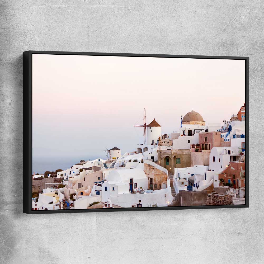 Beach and coastal wall art print of Santorini Sunrise with black framed canvas
