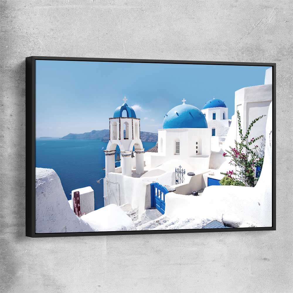 Beach and coastal wall art print of Santorini Views with black framed canvas