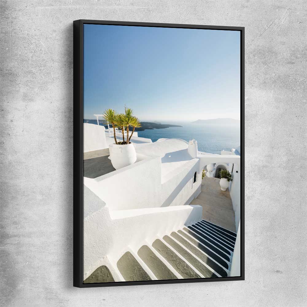 Beach and coastal wall art print of Santorini Walkway with black framed canvas