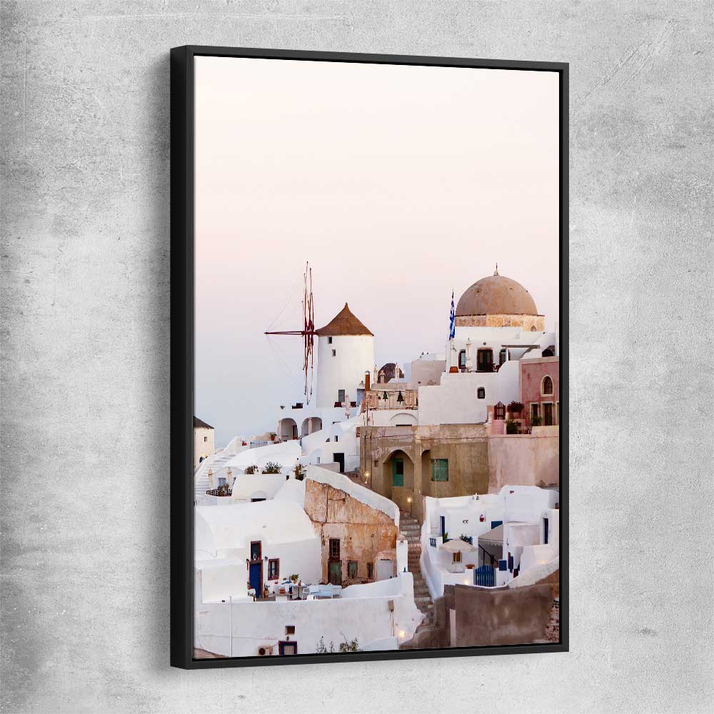 Beach and coastal wall art print of Santorini Windmill with black framed canvas
