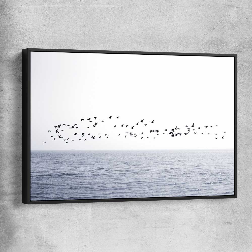 Beach and coastal wall art print of Seagull Flock with black framed canvas