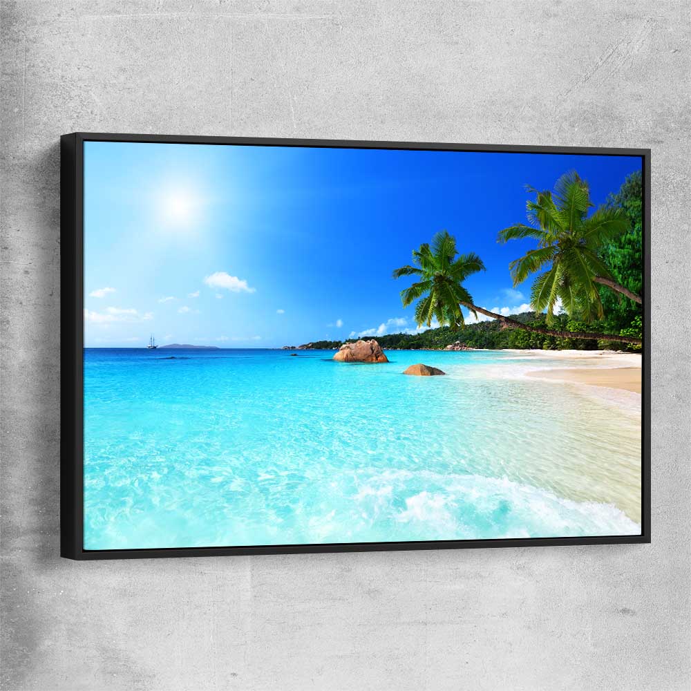 Beach and coastal wall art print of Seychelles Crystal Water with black framed canvas