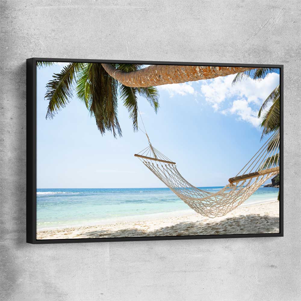 Beach and coastal wall art print of Seychelles Hammock with black framed canvas