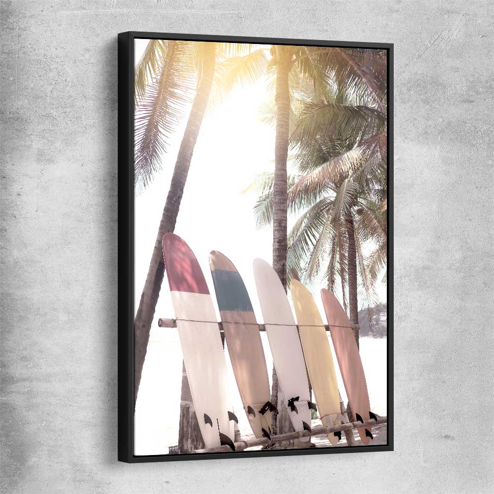 Beach and coastal wall art print of Surf Sunset with black framed canvas