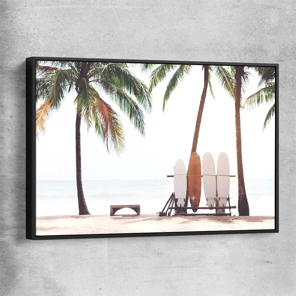 Beach and coastal wall art print of Tropical Boards with black framed canvas