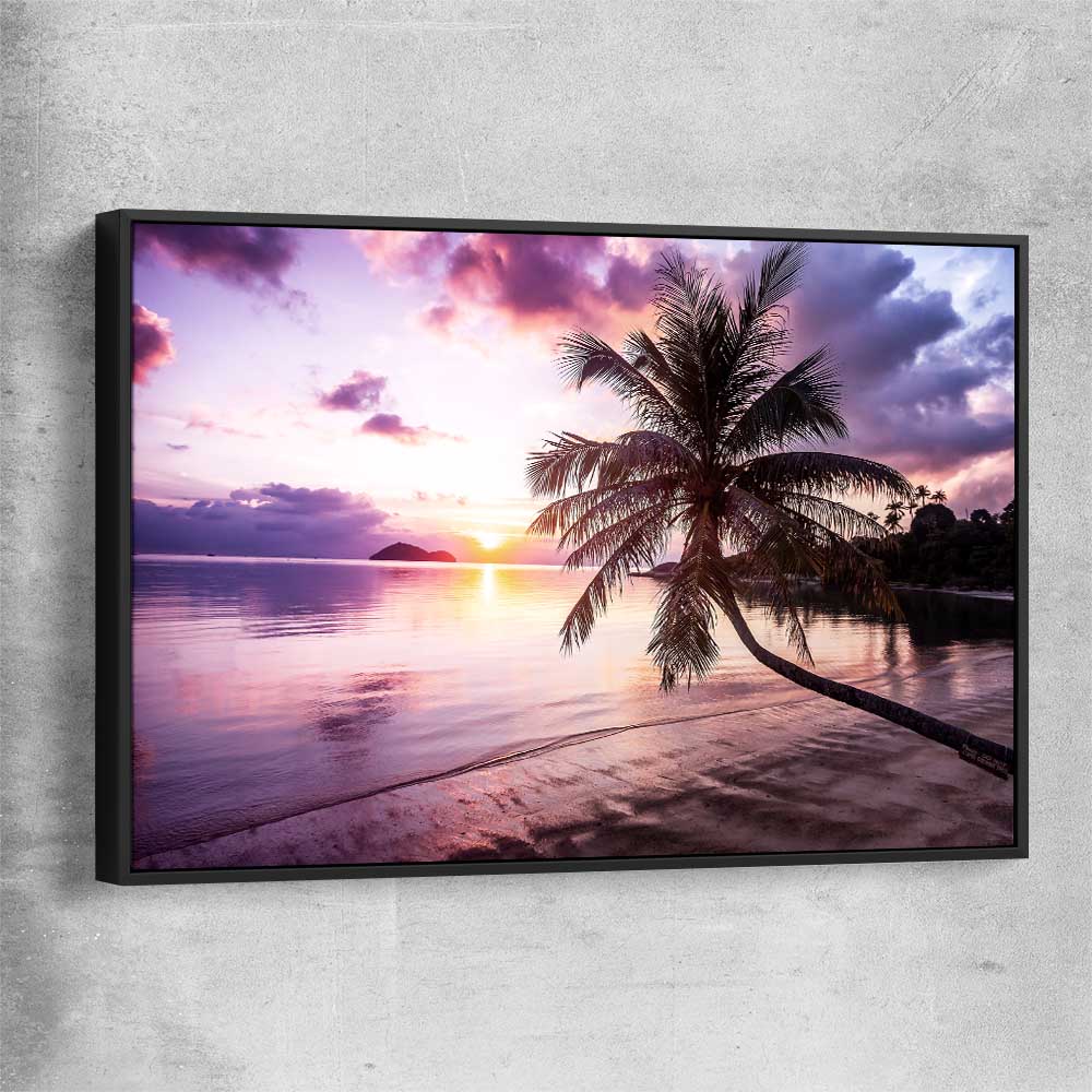 Beach and coastal wall art print of Tropical Sunset with black framed canvas