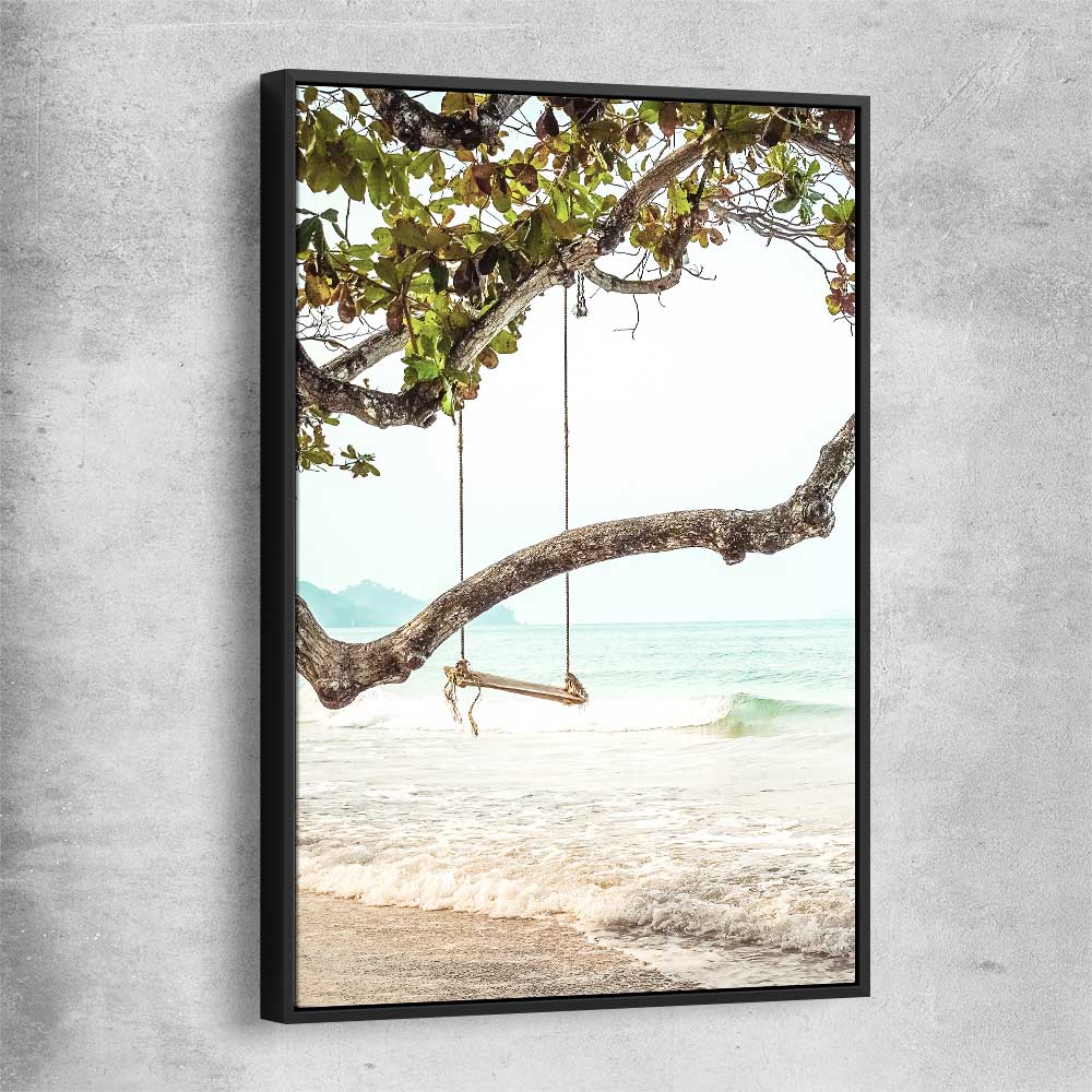 Beach and coastal wall art print of Tropical Swing with black framed canvas