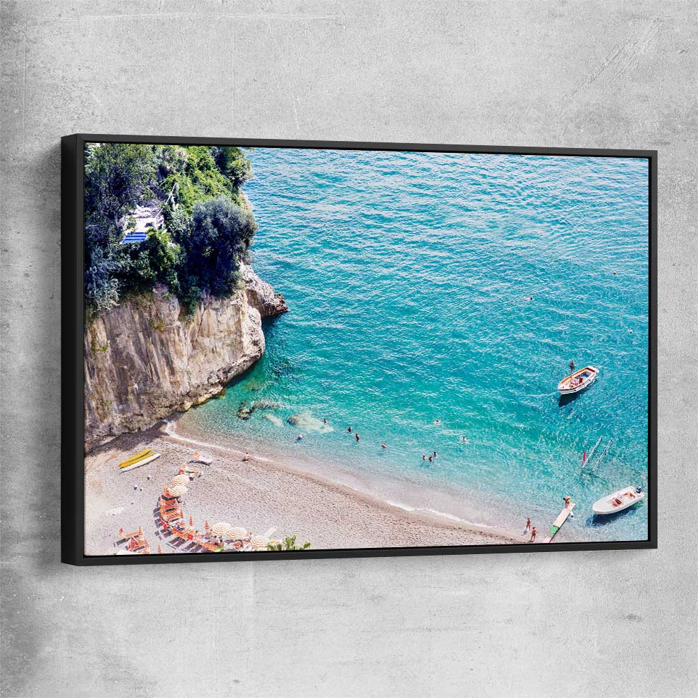 Beach and coastal wall art print of Turquoise Waters with black framed canvas