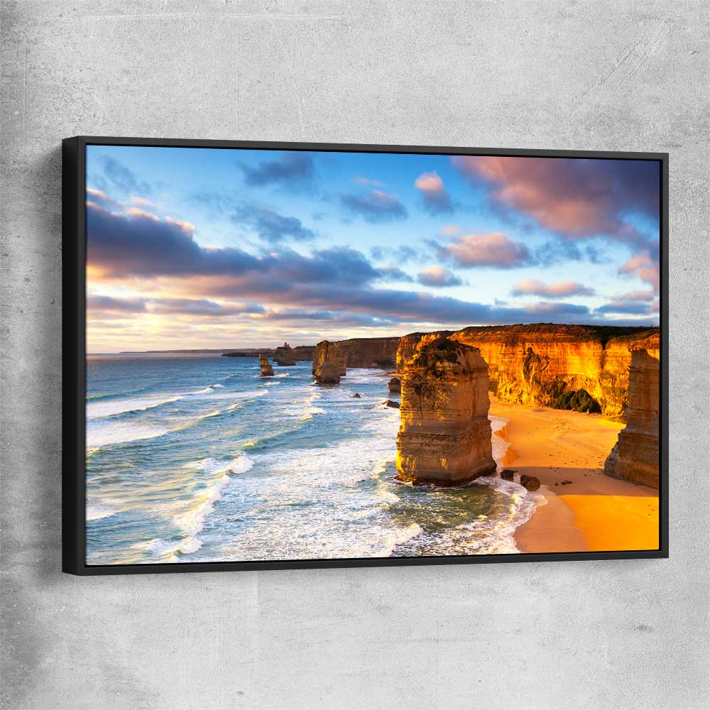 Beach and coastal wall art print of Twelve Apostles with black framed canvas