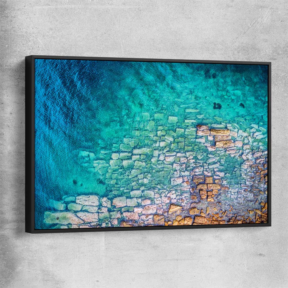 Beach and coastal wall art print of Watsons Bay Rocks with black framed canvas