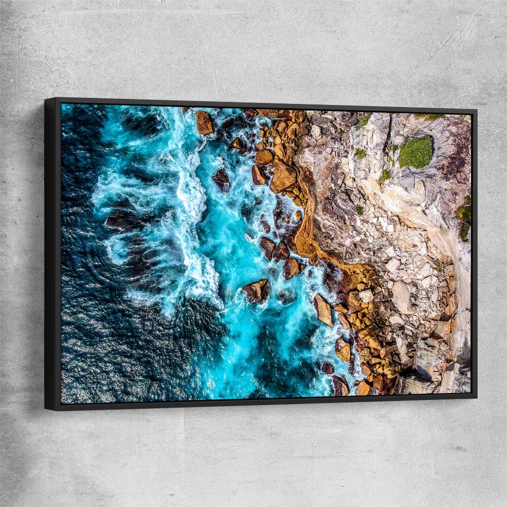 Beach and coastal wall art print of Watsons Bay Waves with black framed canvas