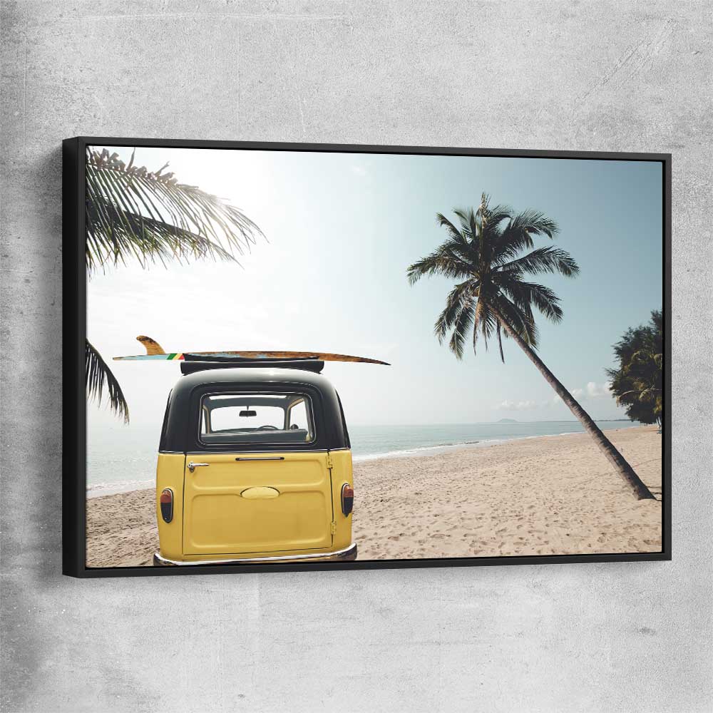 Beach and coastal wall art print of Yellow Combi Surf with black framed canvas