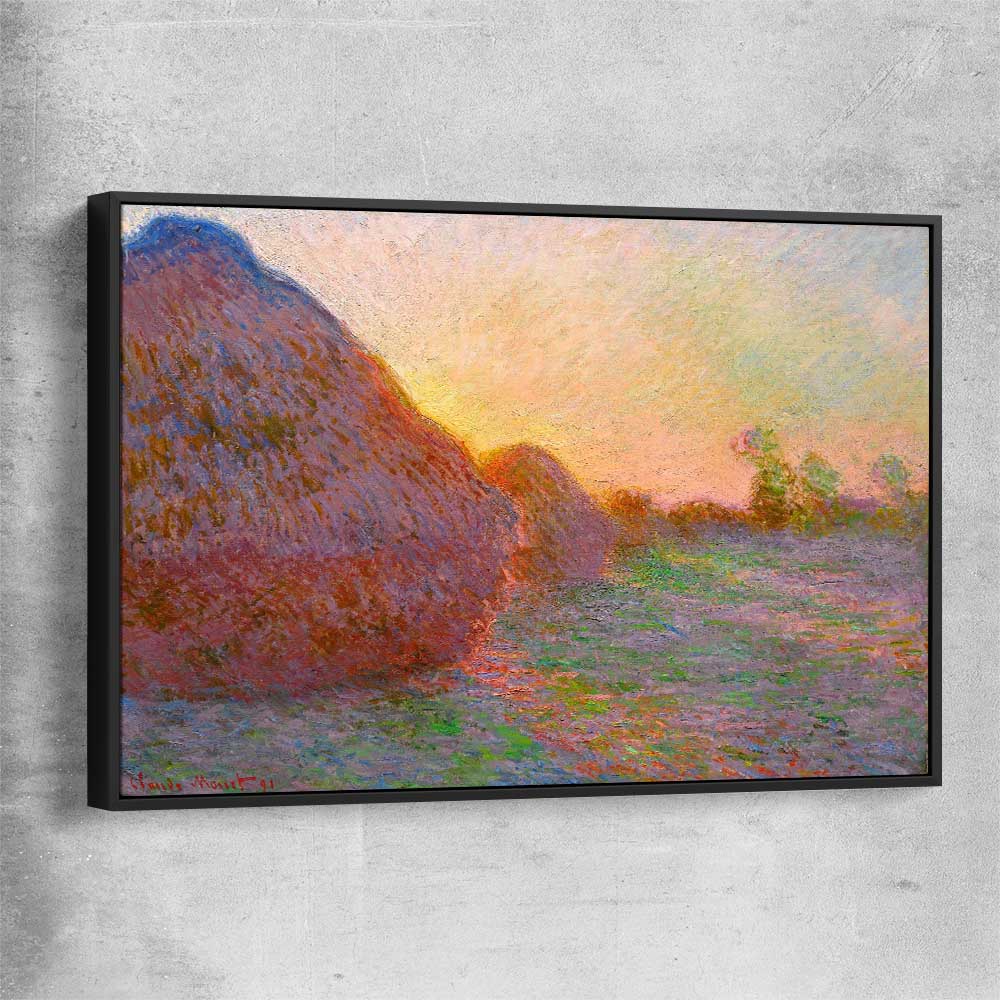 Classic wall art and canvas print of Haystacks Claude Monet with black framed canvas