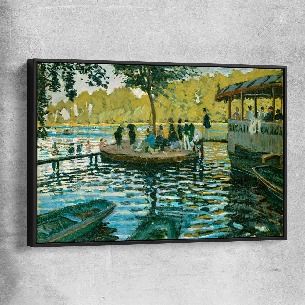 Classic wall art and canvas print of La Grenouillere Claude Monet with black framed canvas