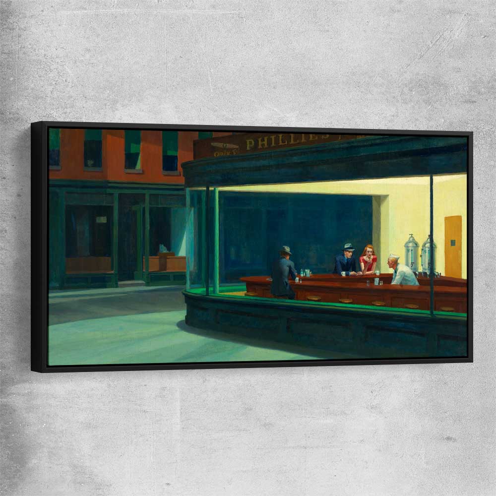 Classic wall art and canvas print of Nighthawks Edward Hopper with black framed canvas