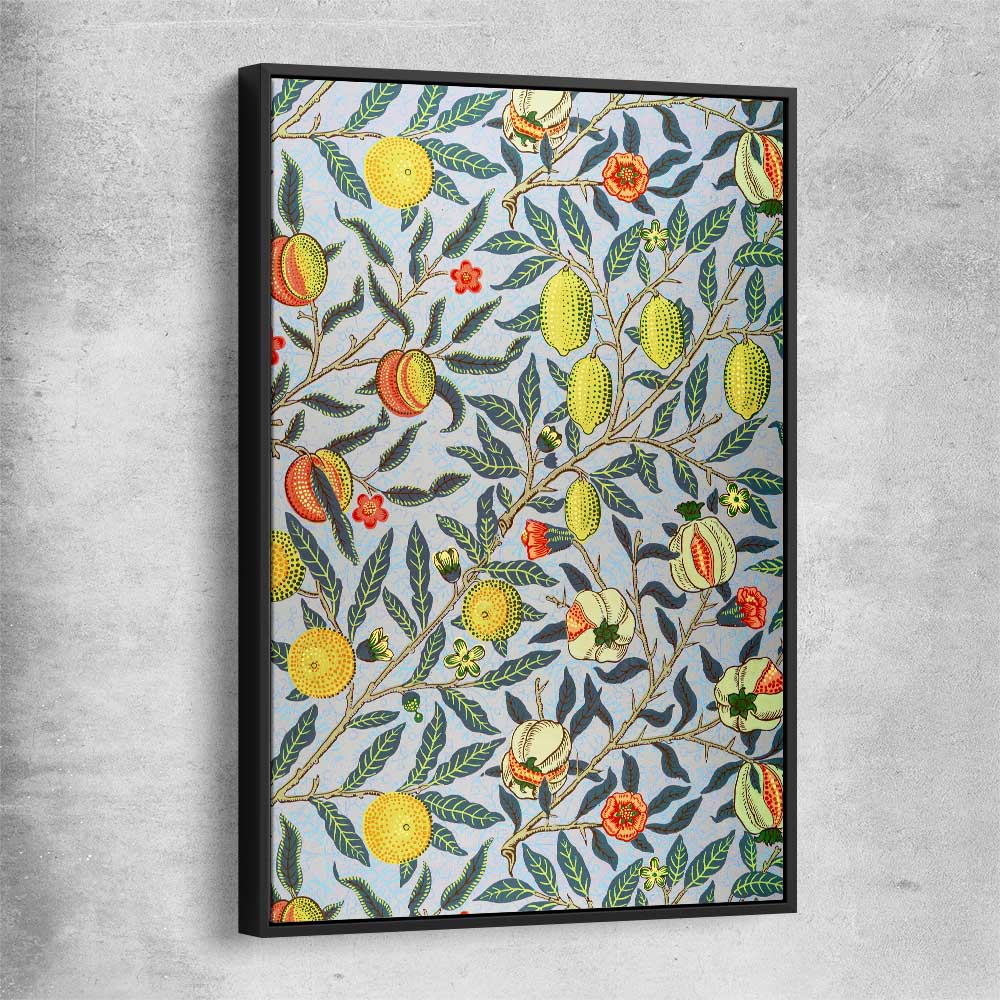 Classic wall art and canvas print of Pomegranate William Morris with black framed canvas