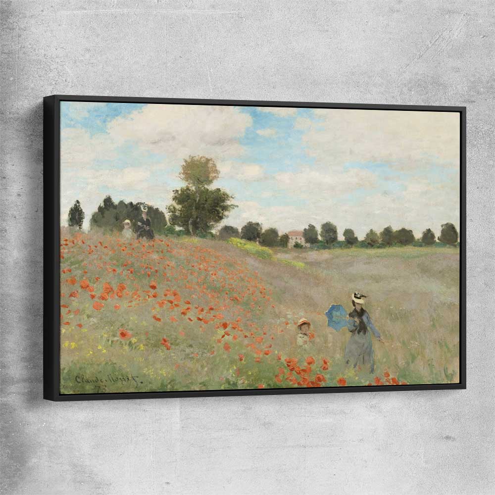 Classic wall art and canvas print of Poppy Field Claude Monet with black framed canvas