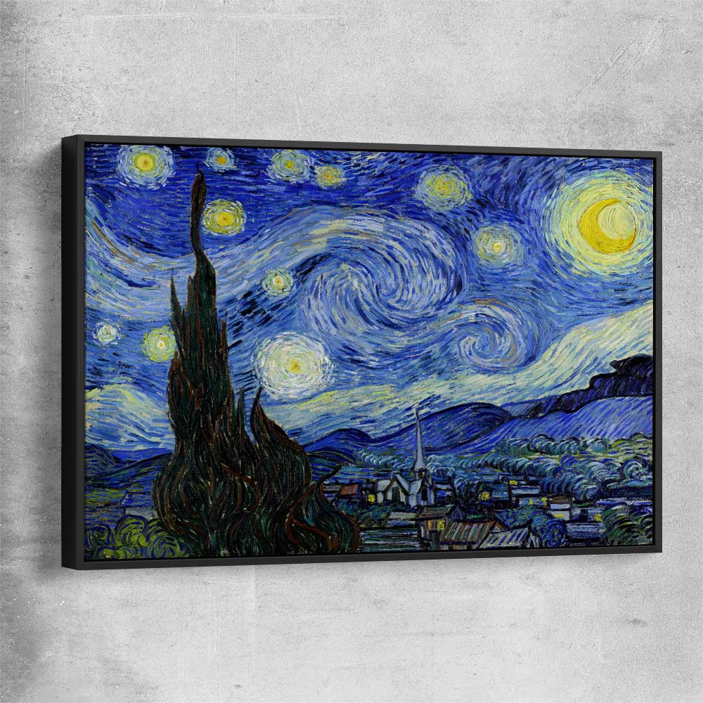 Classic wall art and canvas print of Starry Night Van Gogh with black framed canvas