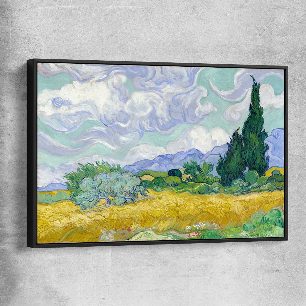 Classic wall art and canvas print of Wheatfield Van Gogh with black framed canvas