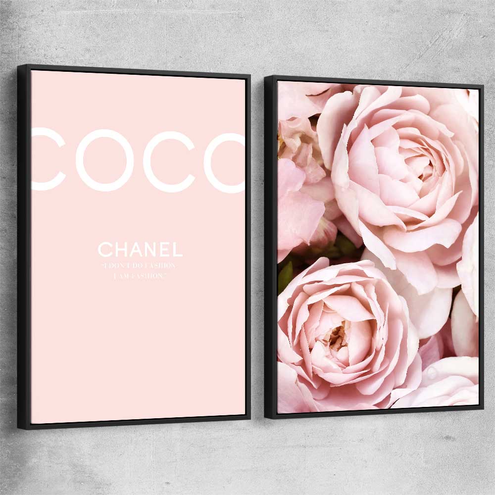 Coco Pink Pair black framed canvas - part of our high quality fashion canvas wall art and prints collection