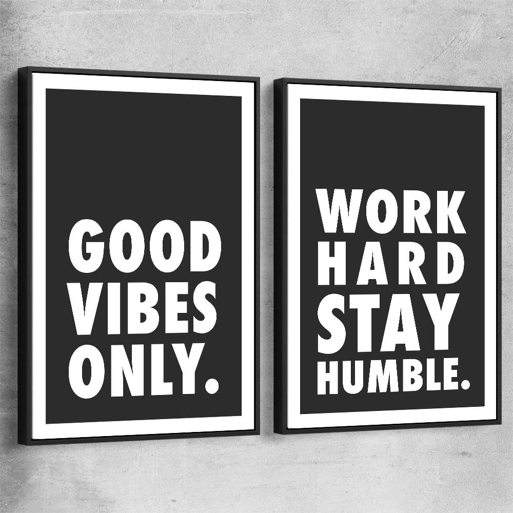 Inspirational wall art print of Good Vibes Pair with black framed canvas