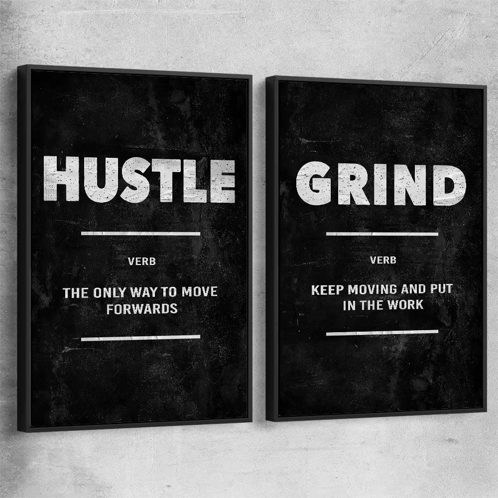 Inspirational wall art print of Hustle Definition Pair with black framed canvas