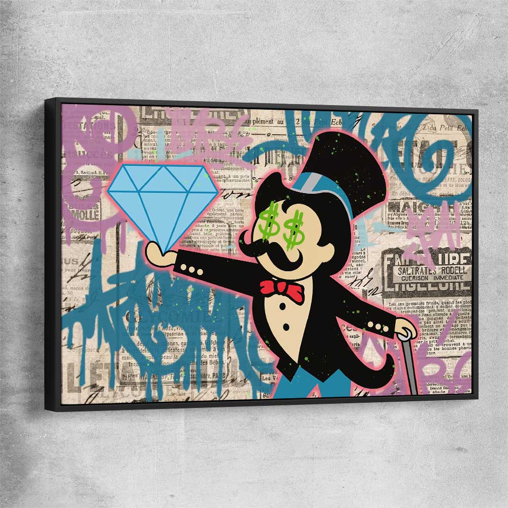 Inspirational wall art print of Moneybags Diamond with black framed canvas