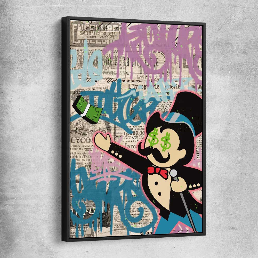 Moneybags Graffiti black framed canvas - part of our high quality fashion canvas wall art and prints collection
