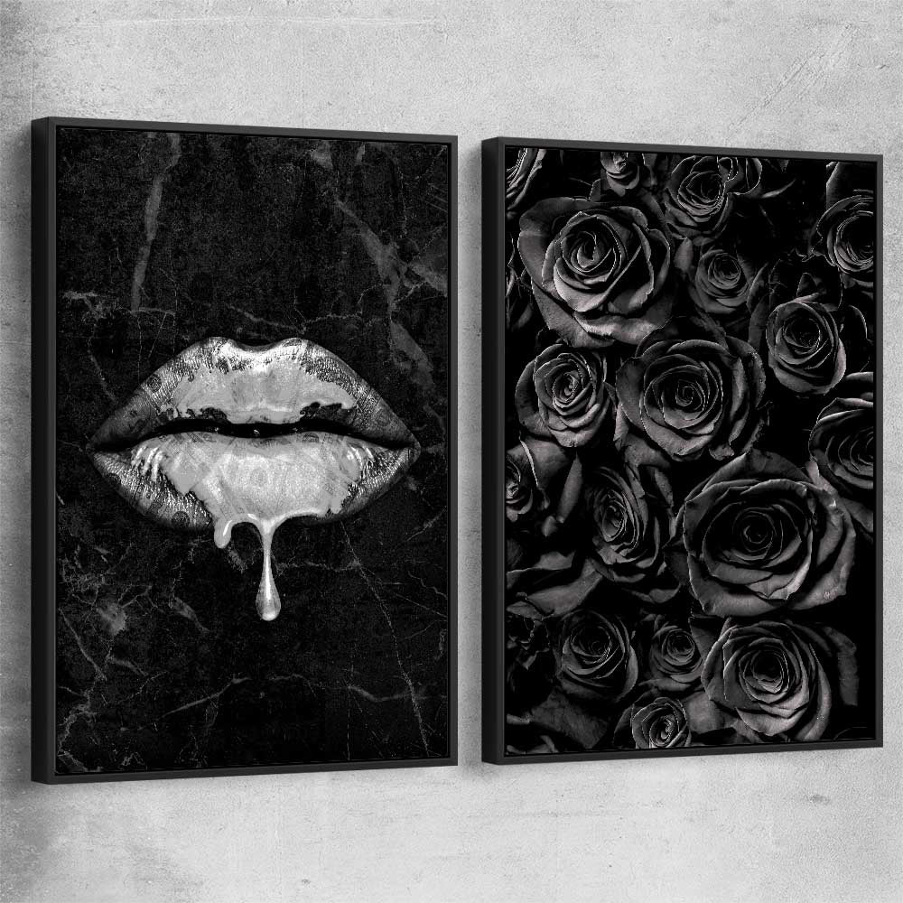 Darkened Lust Pair black framed canvas - part of our high quality canvas lips wall art collection