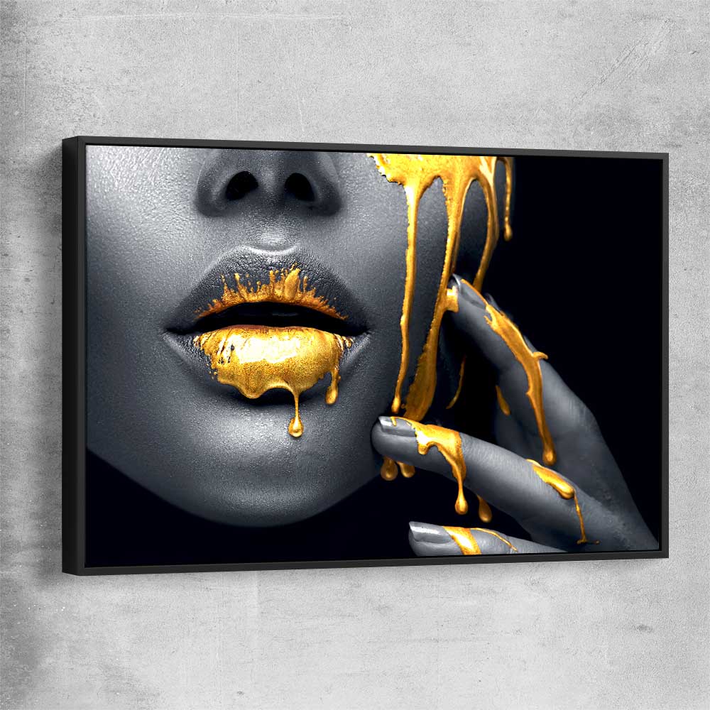 Golden Desire black framed canvas - part of our high quality canvas lips wall art collection
