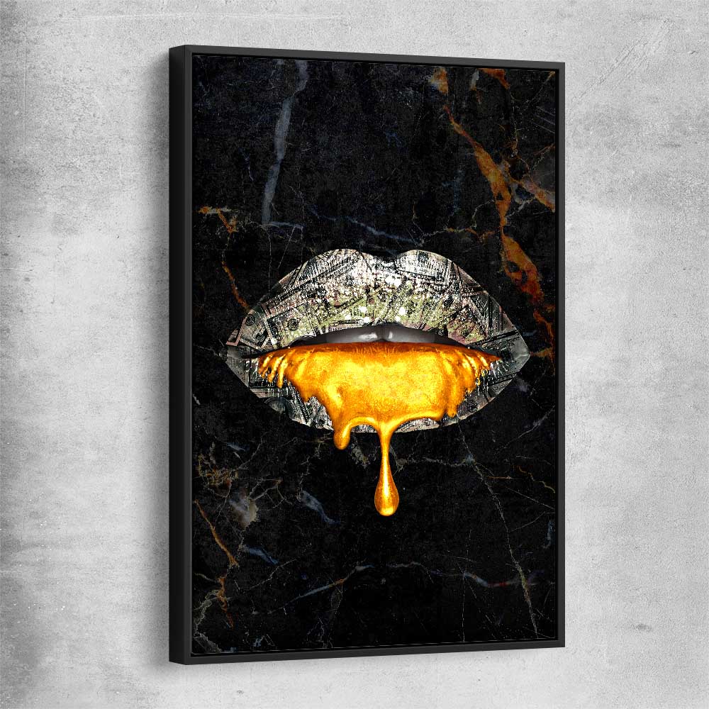 Golden Lust black framed canvas - part of our high quality canvas lips wall art collection