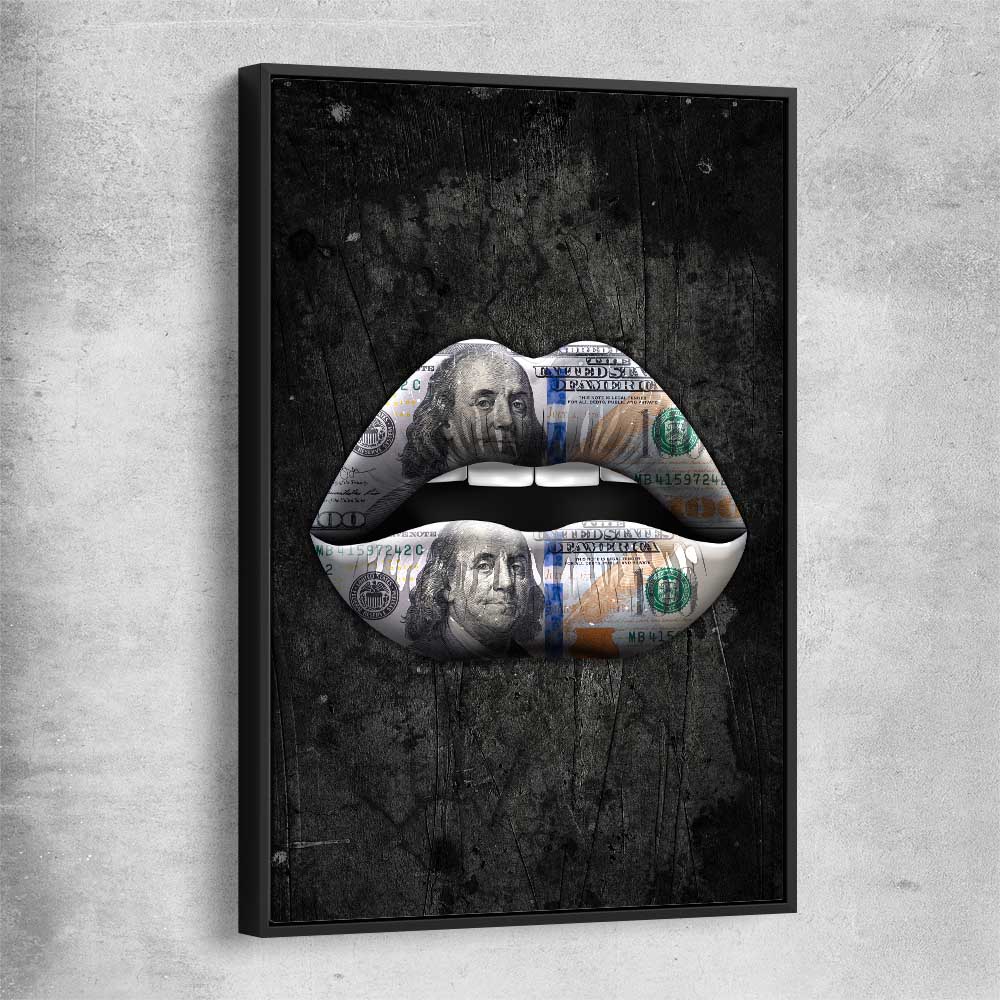 Money Lips black framed canvas - part of our high quality canvas lips wall art collection