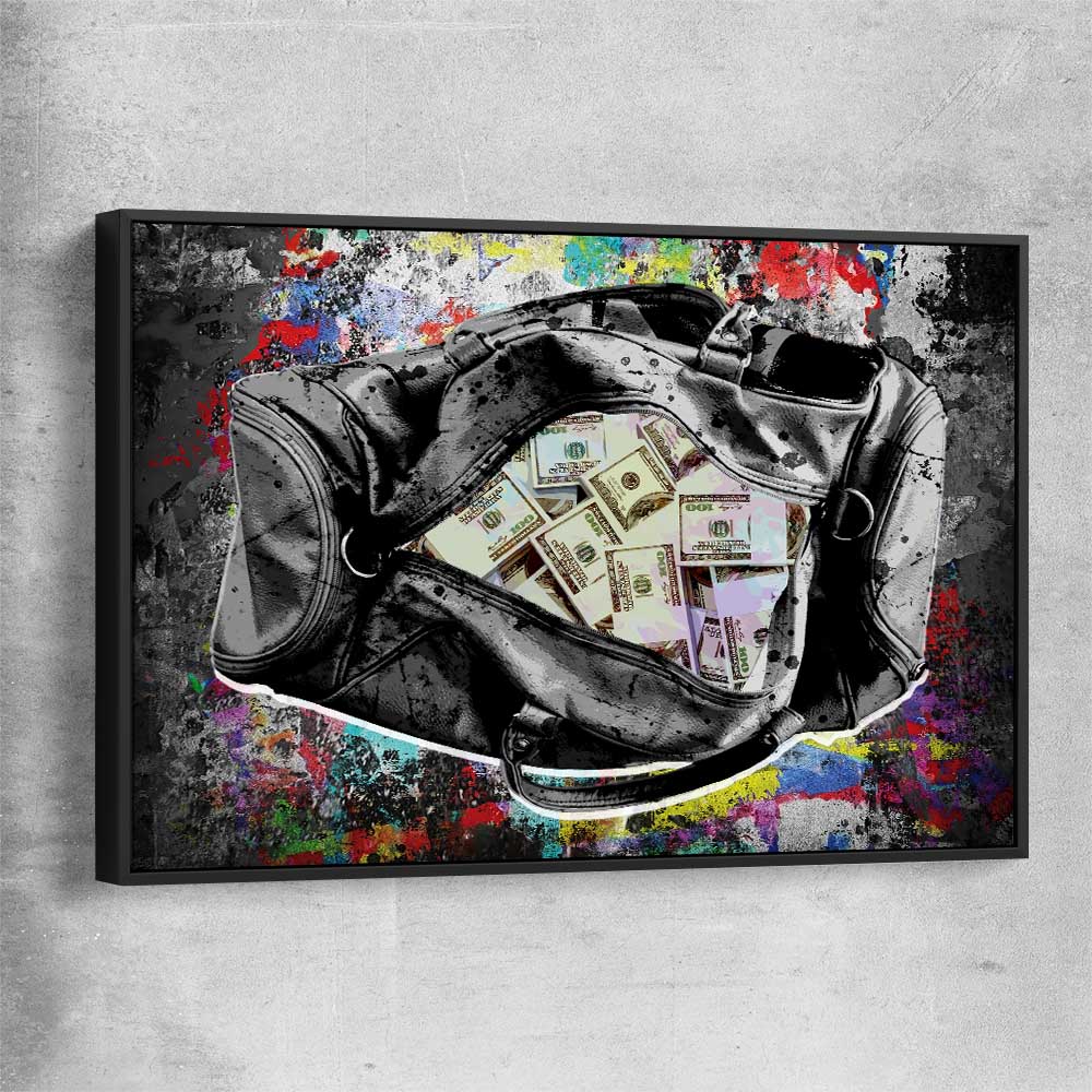 Money wall art print of Cash Duffel with black framed canvas