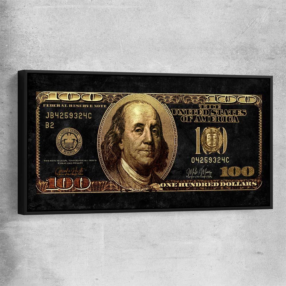 Money wall art print of Golden Bill with black framed canvas