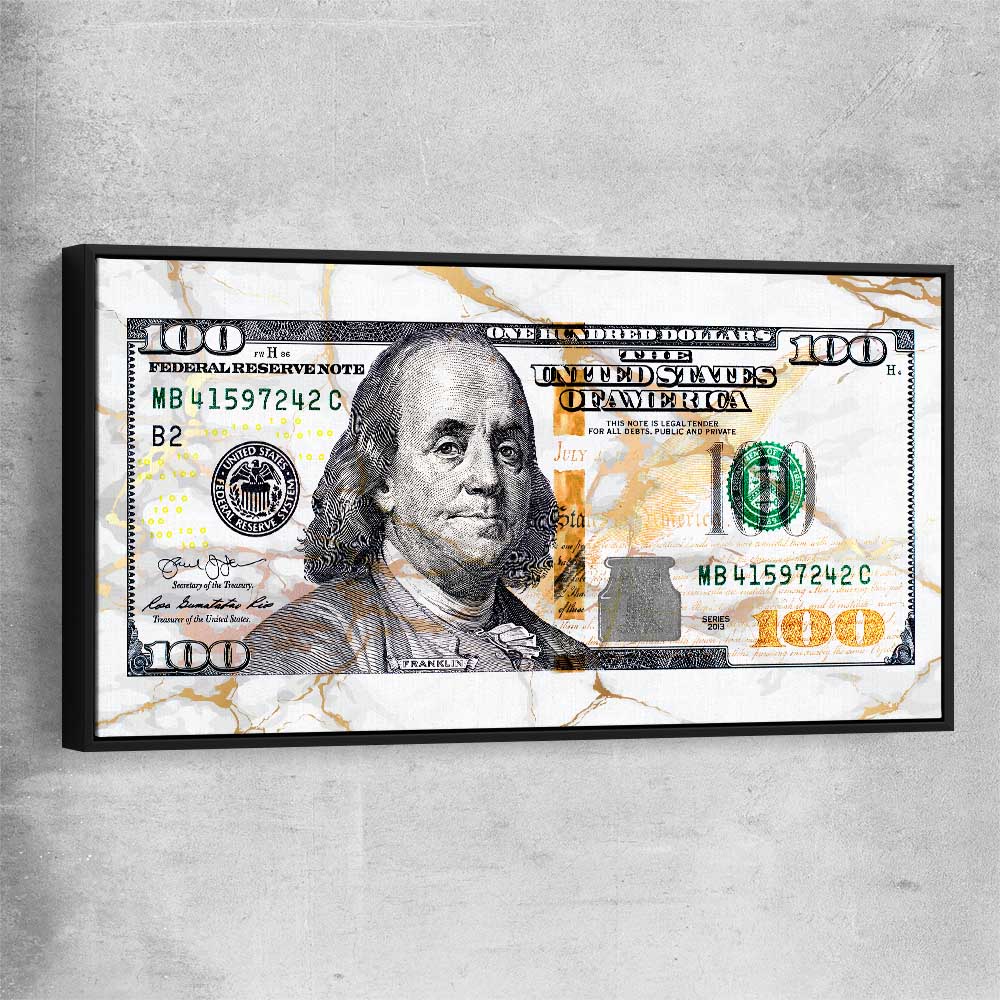 Money wall art print of Marble Bill with black framed canvas