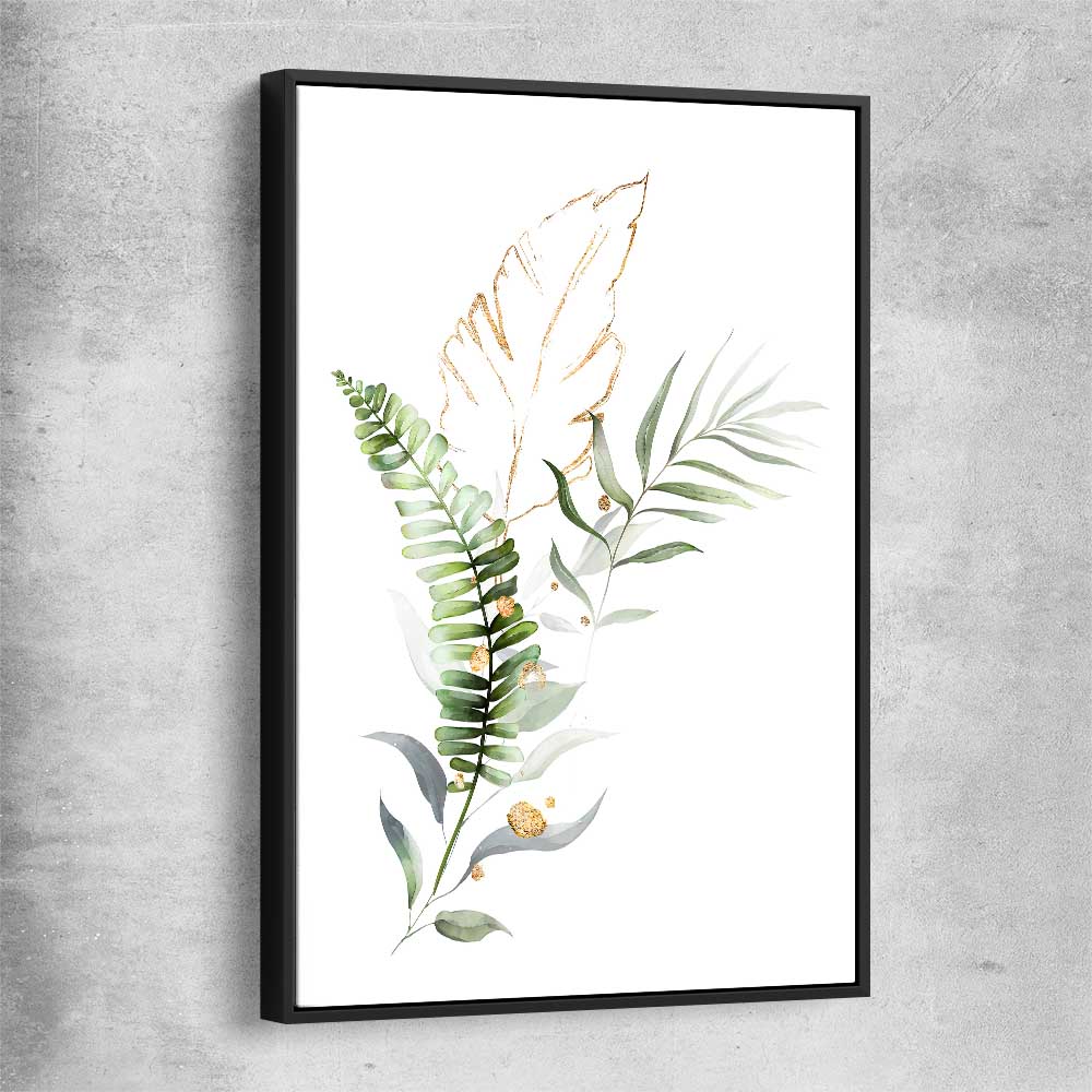 Floral print of Botanic Gold Two with black framed canvas