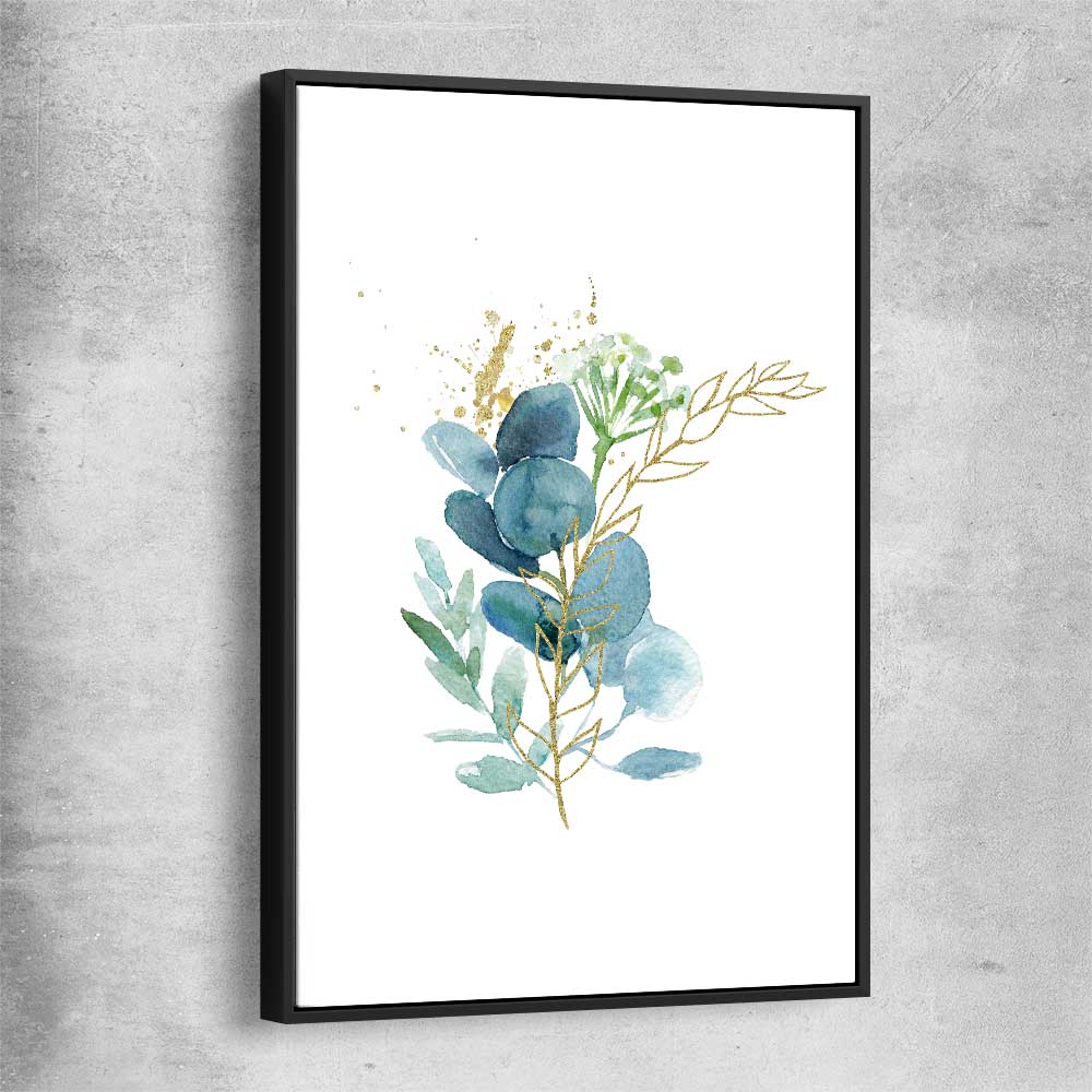 Floral print of Eucalyptus Bunch One with black framed canvas