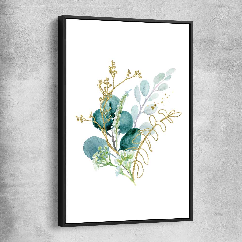 Floral print of Eucalyptus Bunch Two with black framed canvas
