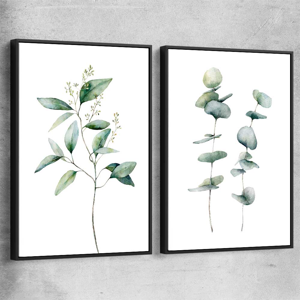 Floral print of Eucalyptus Pair One with black framed canvas