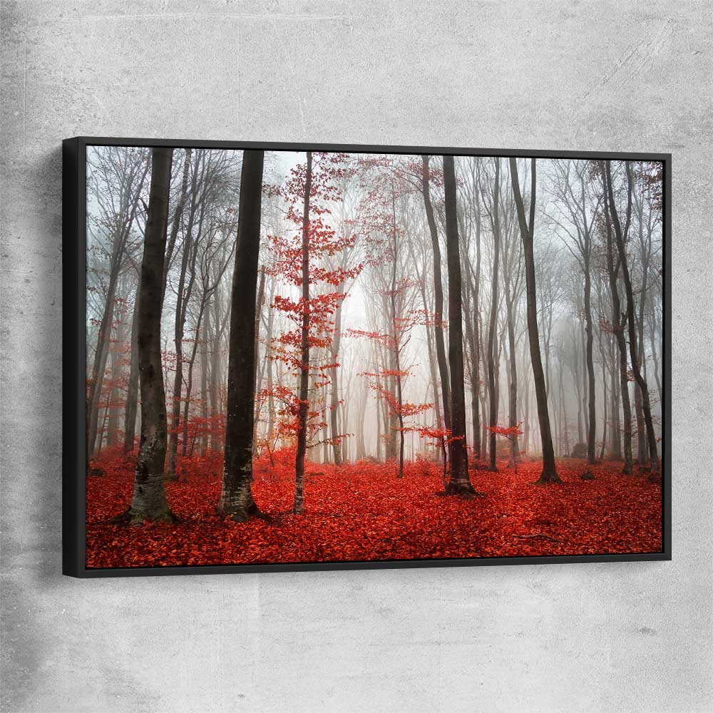 Floral print of Foggy Autumn Forest with black framed canvas
