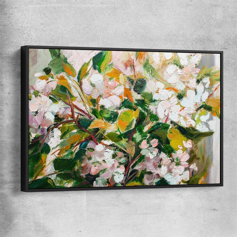 Floral print of Green Blossom with black framed canvas