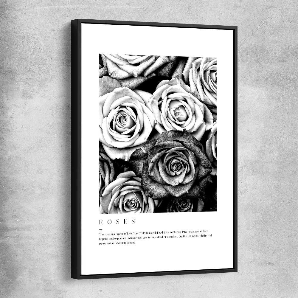 Floral print of Grey Flowers Typo with black framed canvas