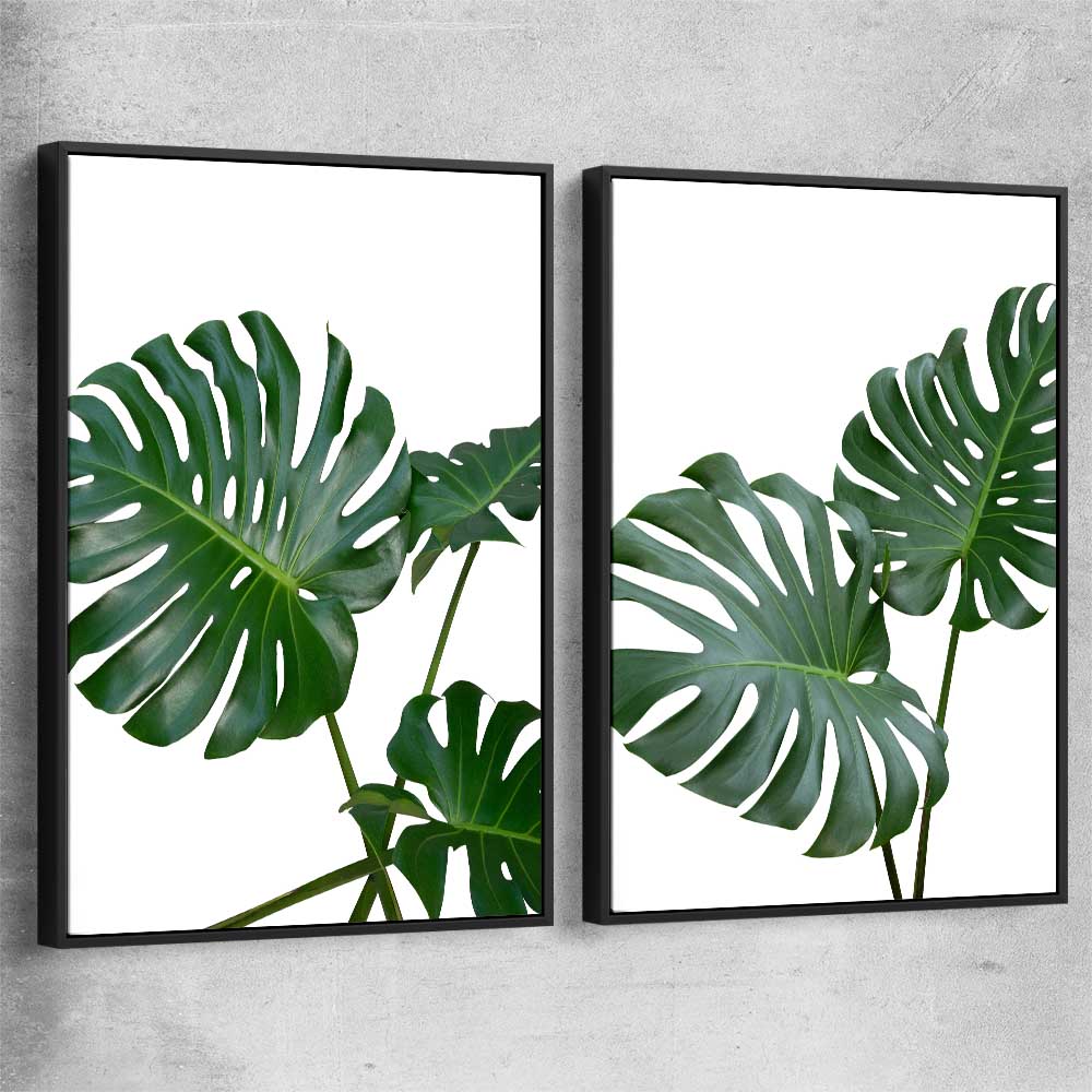 Floral print of Monstera Leaf Pair with black framed canvas