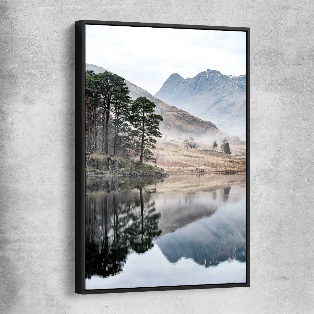 Floral print of Mountain Fog with black framed canvas