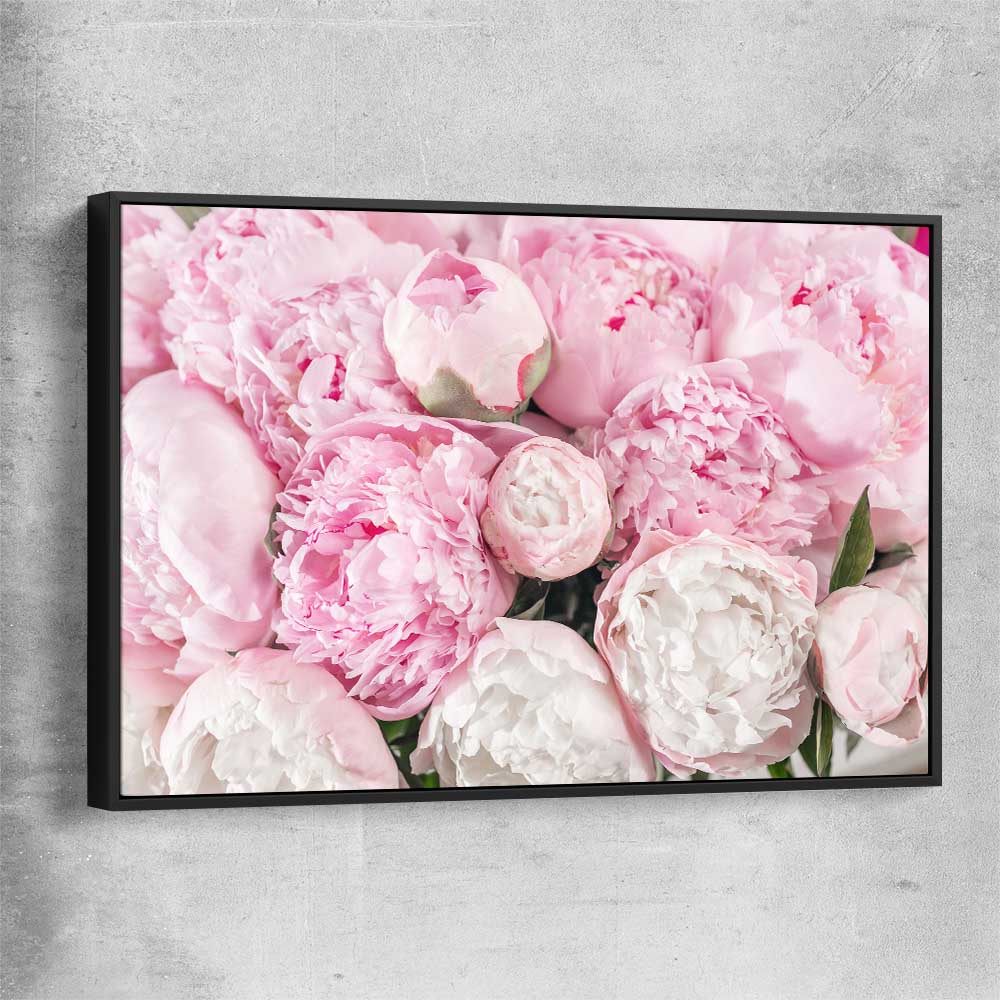 Floral print of Peony Bouquet with black framed canvas