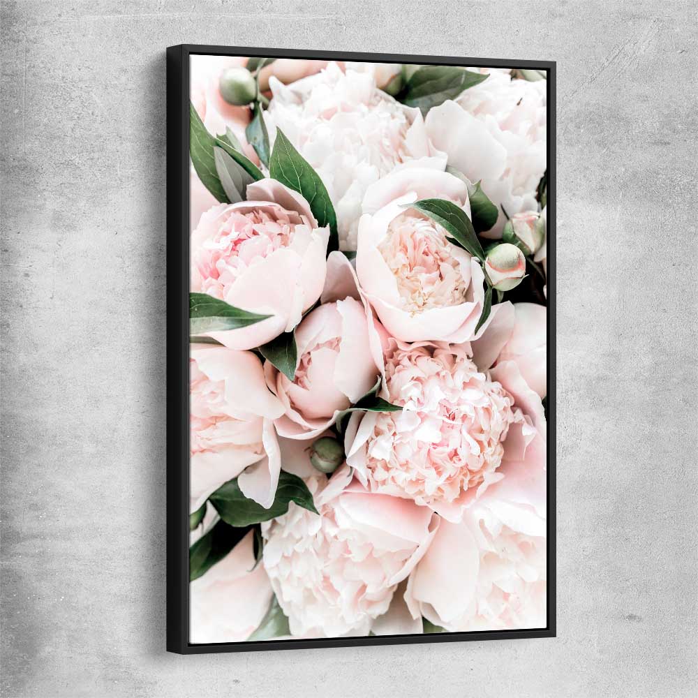 Floral print of Pink Peonies with black framed canvas